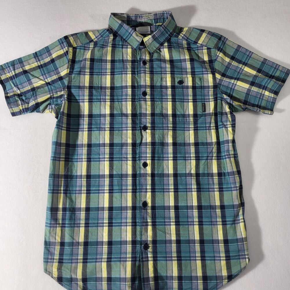 Columbia Shirt Mens Medium Blue Yellow Plaid Button Up Short Sleeve Outdoors